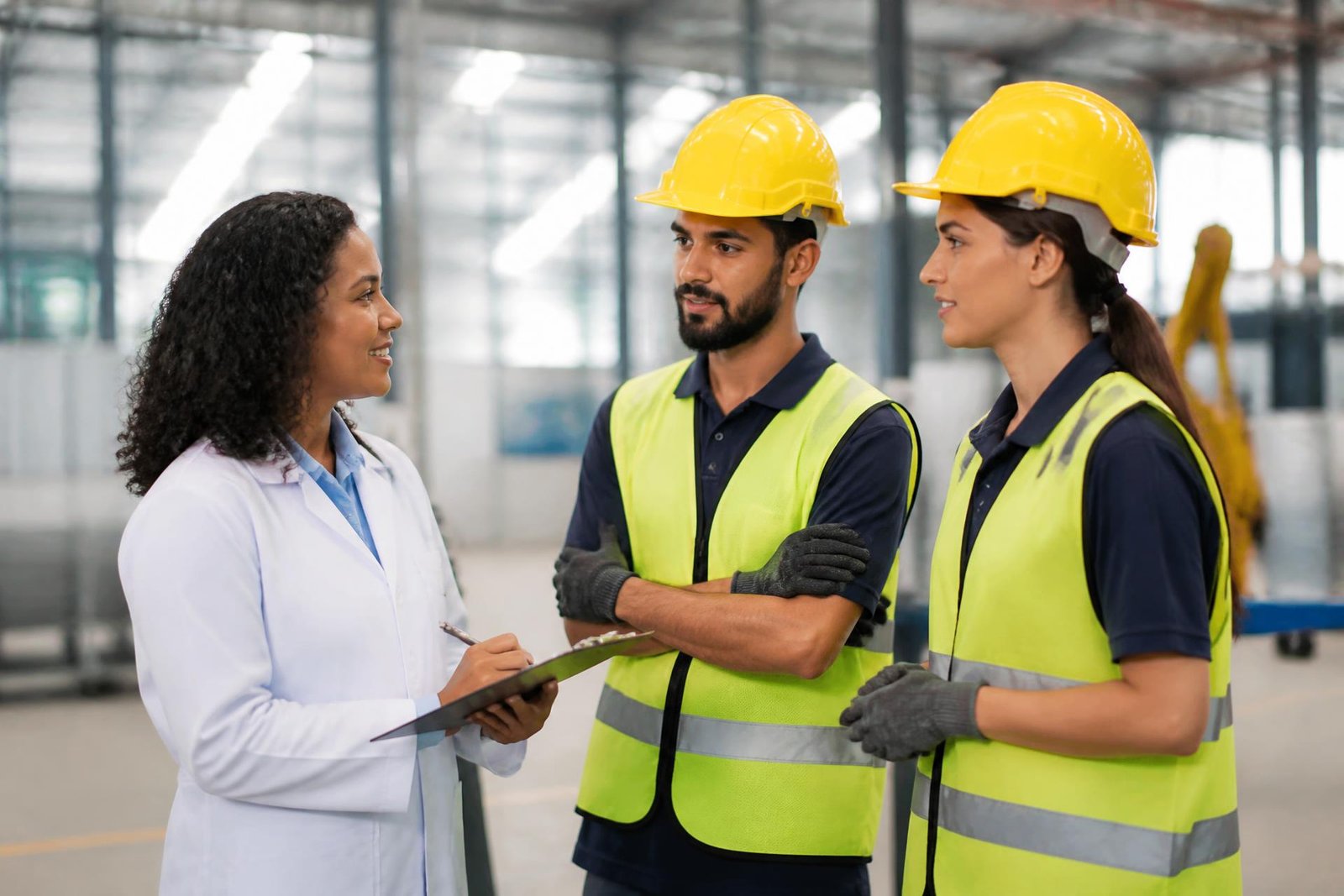 Equipe de medicina do trabalho orientando colaboradores com EPI em ambiente industrial