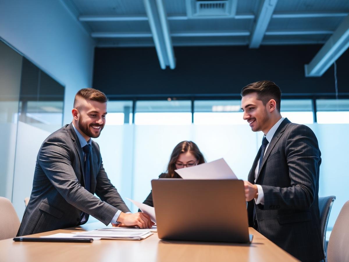 Equipe corporativa analisando documentos de gestão de saúde e segurança do trabalho