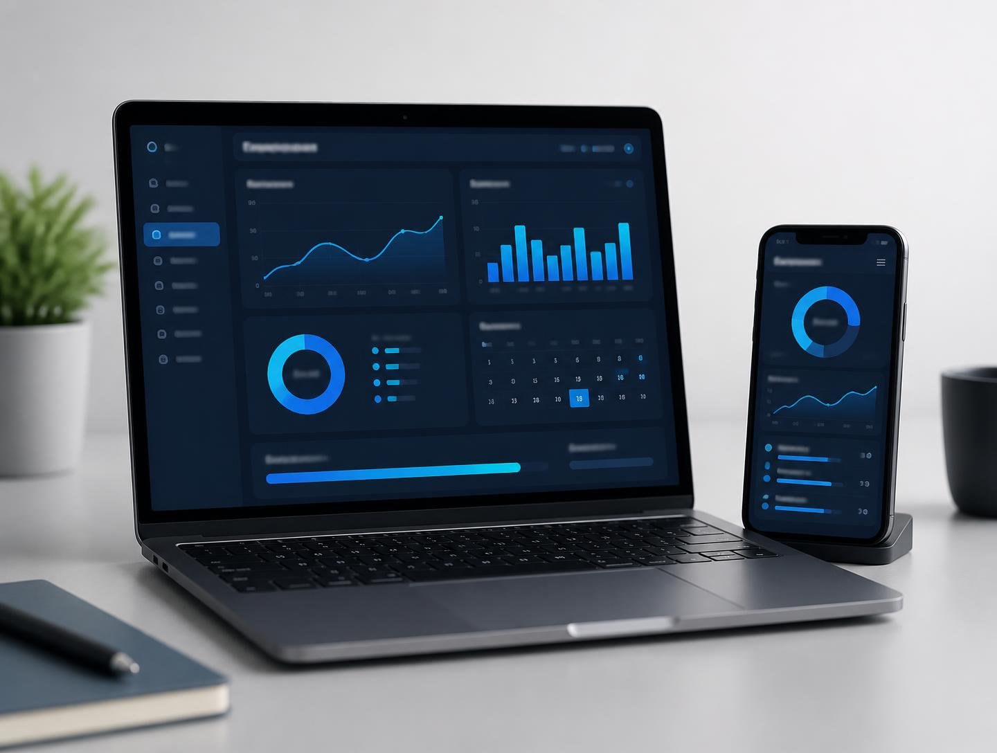 Software SGG da Plenicom em notebook e celular, com painéis de gestão de SST